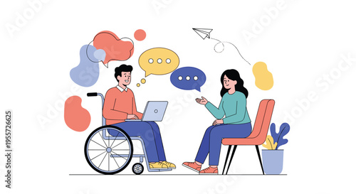 Inclusive conversation between a man in a wheelchair using a laptop and a woman sitting on a chair with colorful speech bubbles between them.