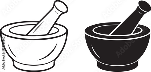 Mortar and pestle silhouette & outline set isolated on transparent background