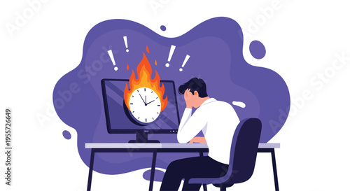 Stressed businessman sitting at his desk with his head in his hands as a clock on his computer monitor is on fire representing a deadline.