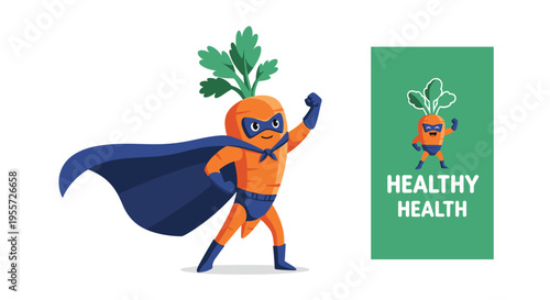 Powerful superhero carrot character wearing a blue mask and cape posing confidently next to a sign that says healthy health for nutrition.