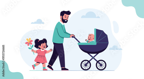Happy father walking in a park pushing a baby stroller while his young daughter walks beside him holding a large colorful flower.