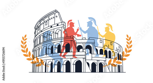 Iconic roman colosseum landmark featured with three colorful silhouettes of roman soldiers and laurel wreaths on a plain white background.