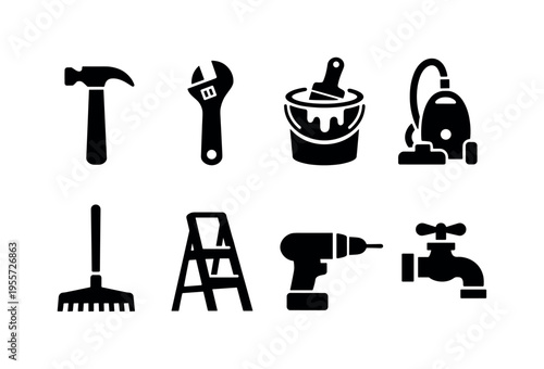 House maintenance services: repair hammer, adjustable wrench tool, paint brush bucket, vacuum cleaner, garden rake, ladder step stool, drill machine, water faucet