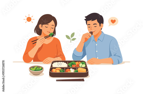 Daily lunch break and mindful eating moment represented through a clean food composition scene, a simple bento lunch box with organized compartments of rice vegetables and small
