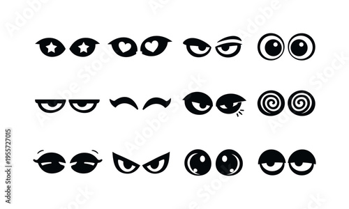Expressive eye symbols: glowing star-pupil eyes, love-struck tilted eyes, skeptical one-brow eyes, panic wide-stare eyes, bored flat-lid eyes, joyful crescent eyes, hurt bruised