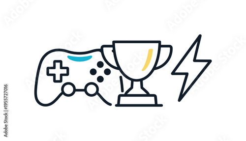 Competitive esports training and skill development in a modern cyber gaming club environment supporting teamwork and performance improvement, a simplified game controller icon