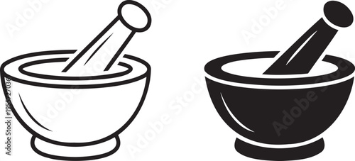 Mortar and pestle silhouette & outline set isolated on transparent background