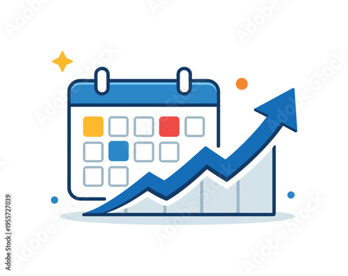 Business scheduling and project timeline coordination designed to keep meetings, deadlines, and priorities clearly structured, a calendar grid paired with a rising arrow expressing