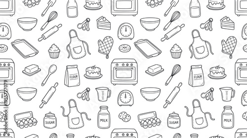 Kitchen baking theme with warm homemade feel, doodle objects including mixing bowl, whisk, rolling pin, flour bag, measuring cup, measuring spoons, spatula, wooden spoon, oven mitt