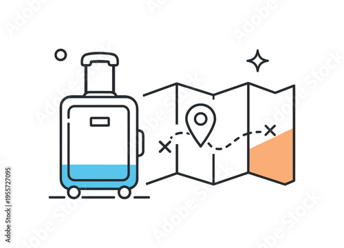 Trip planning and personal mobility for vacations or professional journeys, a compact travel suitcase beside a folded map symbolizing preparation, exploration, and the positive