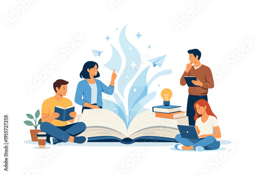 A personal development scene where individuals use reading as a tool for growth and self improvement, highlighting curiosity and continuous learning in everyday life, a simple open