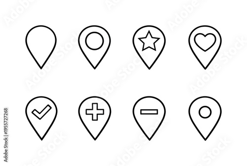 Map location pins: classic map pin, map pin with circle center, map pin with star, map pin with heart, map pin with check mark, map pin with plus symbol, map pin with minus symbol