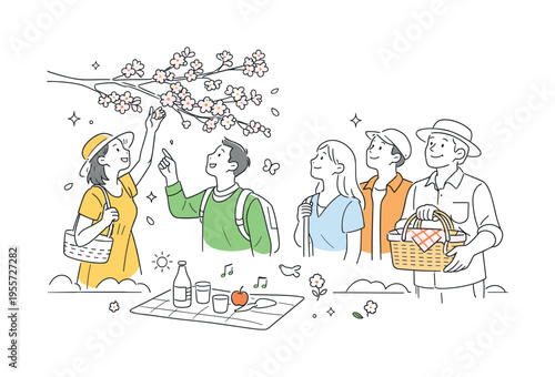 Seasonal outdoor gathering celebrating springtime where several people admire a blooming cherry blossom branch and hold a small picnic basket, symbolizing appreciation of nature