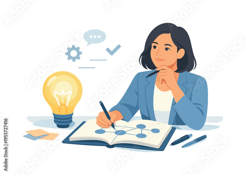 A creative problem solving moment where a professional generates fresh solutions and organizes thoughts during an active brainstorming session in a calm modern workspace, visual