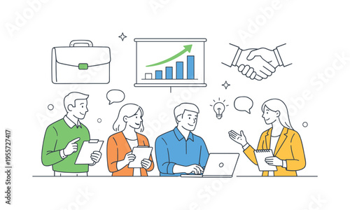 A group of professionals collaborating in a modern business environment, coordinating tasks, communication, and decision making to achieve shared objectives, symbolized by a simple