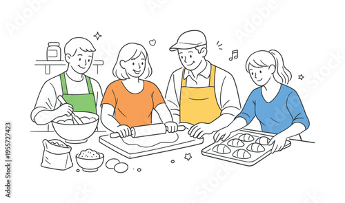 A group of people baking together in a cozy kitchen environment, preparing homemade pastries and enjoying a shared cooking experience, focusing on collaboration and everyday