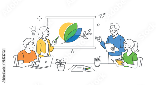 A small group working with abstract botanical shapes as part of a modern design process, integrating plant-inspired elements into clean compositions for visual communication