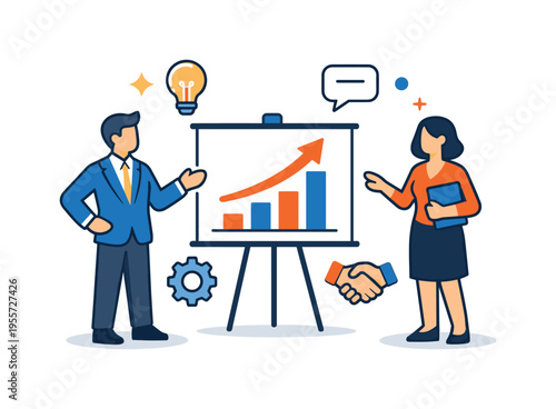 Corporate strategy discussion and aligning team objectives during a structured business presentation meeting focused on clarity and collective progress, two flat abstract business