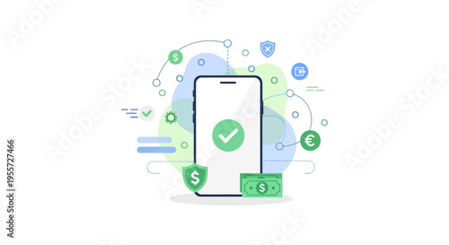 Secure Mobile Payment Confirmation Illustration. Digital Wallet Transaction Success, Online Banking Security, and Money Transfer Protection via Smartphone.