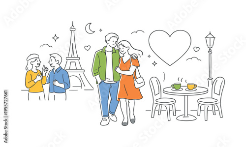 Couple enjoying a romantic moment while walking through the charming streets of Paris during a peaceful evening outing, representing love, travel, and the timeless atmosphere of a