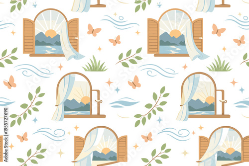 Nature inspired home view and mindful quiet moments with refreshing outdoor connection concept