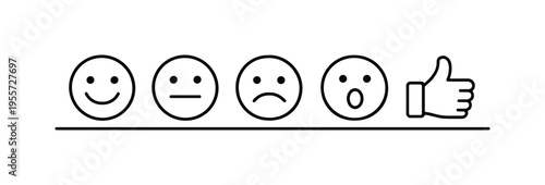 Emotional communication and feedback reactions often used in digital platforms, surveys, and customer experience evaluation systems, a happy face icon, a neutral face icon, an