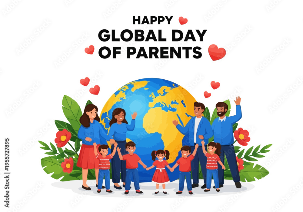 Naklejka premium Happy global day of parents illustration with a family and globe