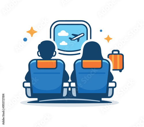 Commercial air travel experience showing passengers seated during a calm flight journey inside a modern aircraft cabin, a simple row of airplane seats with two passenger