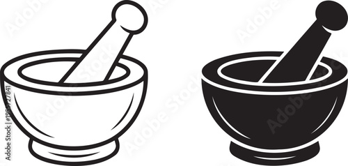 Mortar and pestle silhouette & outline set isolated on transparent background