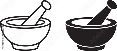 Mortar and pestle silhouette & outline set isolated on transparent background