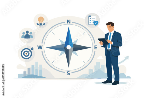 Organizational mission and shared principles in a modern corporate environment, a professional standing beside a large central compass symbol representing direction and core values