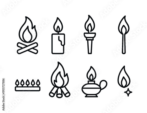 Fire flame symbols: campfire flame, candle flame, torch flame, match flame, gas burner flame, bonfire flame, oil lamp flame, small spark flame
