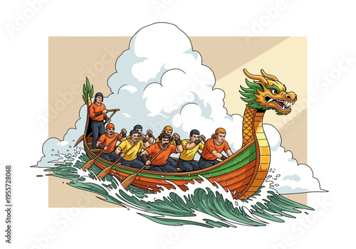 Dragon boat racing on choppy waters with team paddling