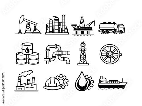 Oil and gas industry infrastructure: oil pump jack with ground line, refinery towers with pipes, offshore drilling platform, fuel tanker truck, oil barrel stack, pipeline network