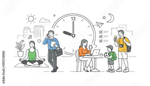 A work-life balance and metropolitan routine scene where individuals combine professional tasks with personal time in a busy urban setting, using minimal buildings and a single