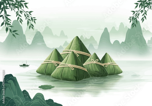 Serene landscape with green conical huts on water and small rock