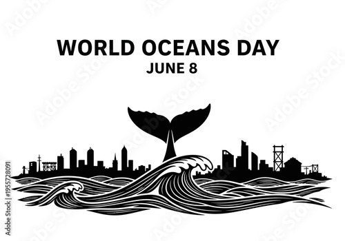 World oceans day illustration with whale tail and city skyline