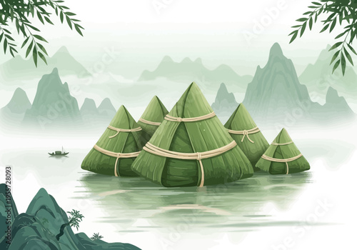 Serene landscape with green conical huts on water surrounded by mountains