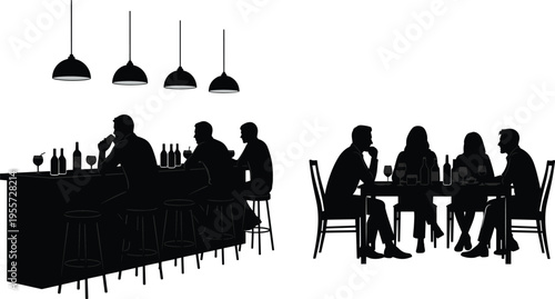 Bar restaurant silhouettes, social gathering design, nightlife illustration, people drinking, group conversation, leisure activity, dining scene, black outline, vector art