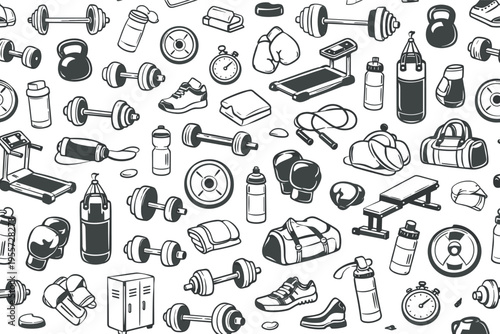 Gym and training equipment sketch seamless pattern for fitness and workout concepts featuring dumbbell, barbell, kettlebell, weight plate, treadmill, bench, skipping rope, boxing