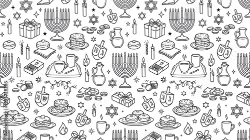 Jewish holiday Hanukkah symbols theme with cozy celebratory vibe, doodle objects including menorah, candles, dreidel, star of david, gift boxes, ribbons, bows, coins, chocolate