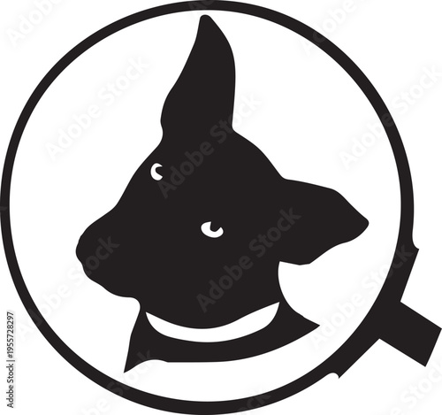 A black dog's head is magnified in a circular frame