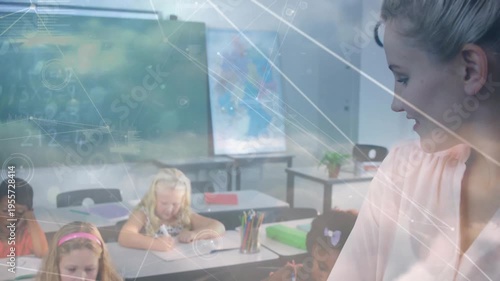 Teacher turning, smiling to camera as HUD overlay appearing, framing while supervising classwork