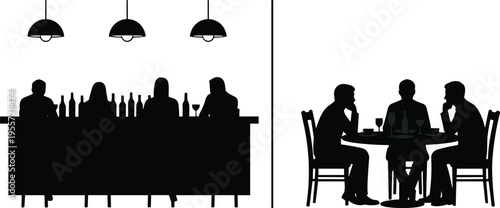 Bar and dining silhouettes, social gathering illustration, nightlife design, people drinking, group dining, leisure activity, restaurant scene, black outline, vector art