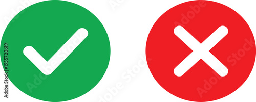 A green check mark and a red cross mark icon representing correct and incorrect status symbols Vector