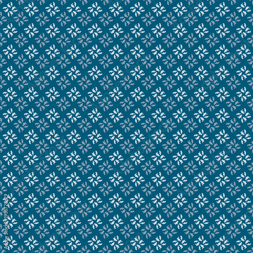 Small white flowers pattern doodle shapes motif continuous classic blue background. Modern floral fabric design textile swatch ladies dress, men's shirt all over print block.