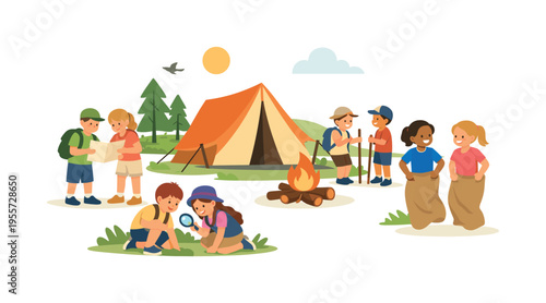 A cheerful outdoor summer camp scene where children engage in group activities and build friendships while exploring nature during school holidays, focusing on teamwork and playful