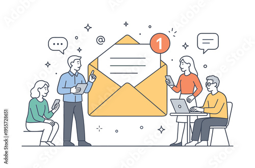 Online messaging and digital contact concept where people interact while sending and receiving information through email platforms, a large envelope icon and a simple message
