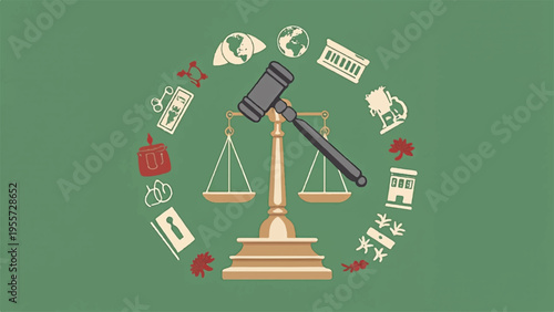 Justice law concept with gavel and scales surrounded by legal documents on green background