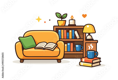 Comfortable home library corner encouraging daily reading, reflection, and mindful relaxation away from digital distractions, a soft couch with an open book resting on the seat